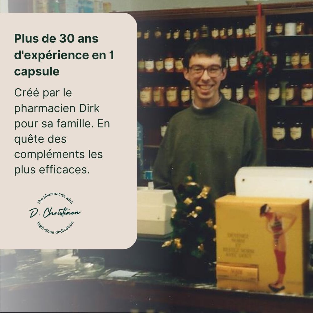 Un homme dans une pharmacie. Texte : 'Plus de 30 ans d'expérience en 1 capsule'. Créé par le pharmacien Dirk.