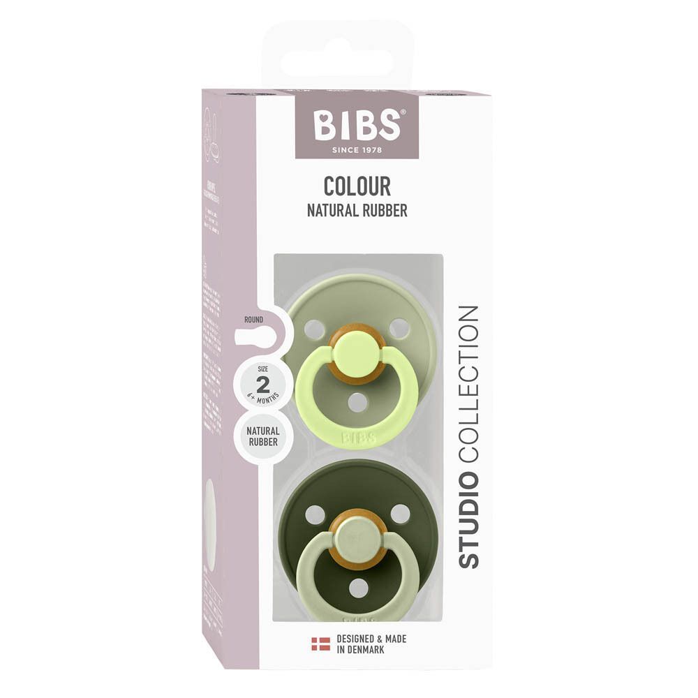 Coffret de deux sucettes BIBS Studio Duo Fusion Matcha/Vert, Taille 2, 6-18 mois, en boîte.