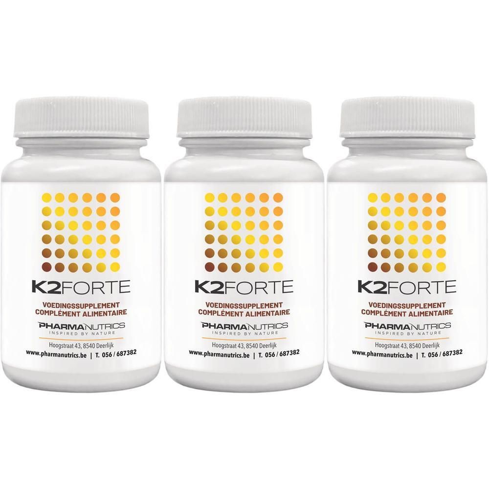Drie witte potjes met K2 Forte voedingssupplementen van Pharmanutrics.