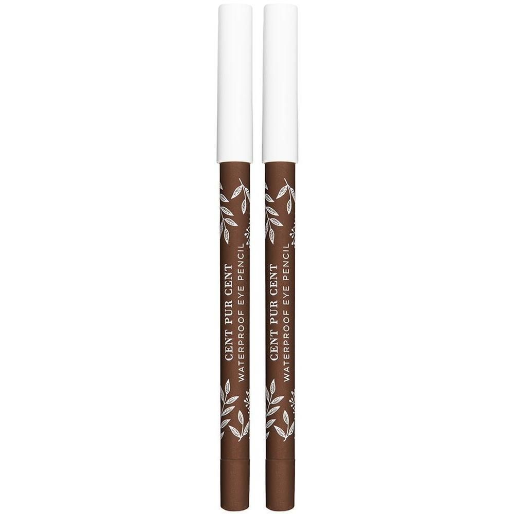 Deux crayons yeux waterproof bruns avec capuchon blanc et motif feuille.