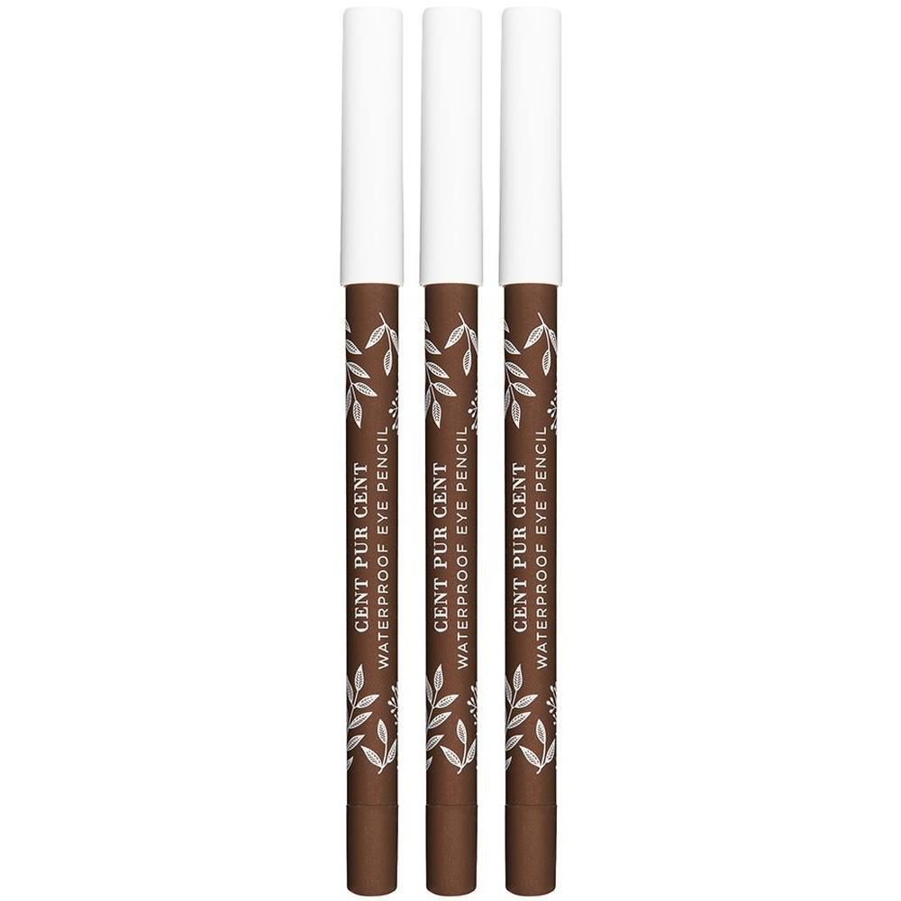 Trois crayons yeux waterproof marron avec inscription blanche et motif de feuilles.
