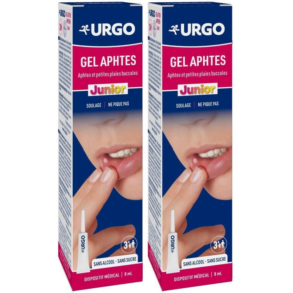 Deux boîtes de Urgo Junior Gel Aphtes, un dispositif médical pour soulager les aphtes.