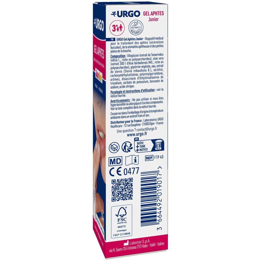 Arrière d'une boîte de Urgo Junior Gel Aphtes avec informations produit et marquage CE.