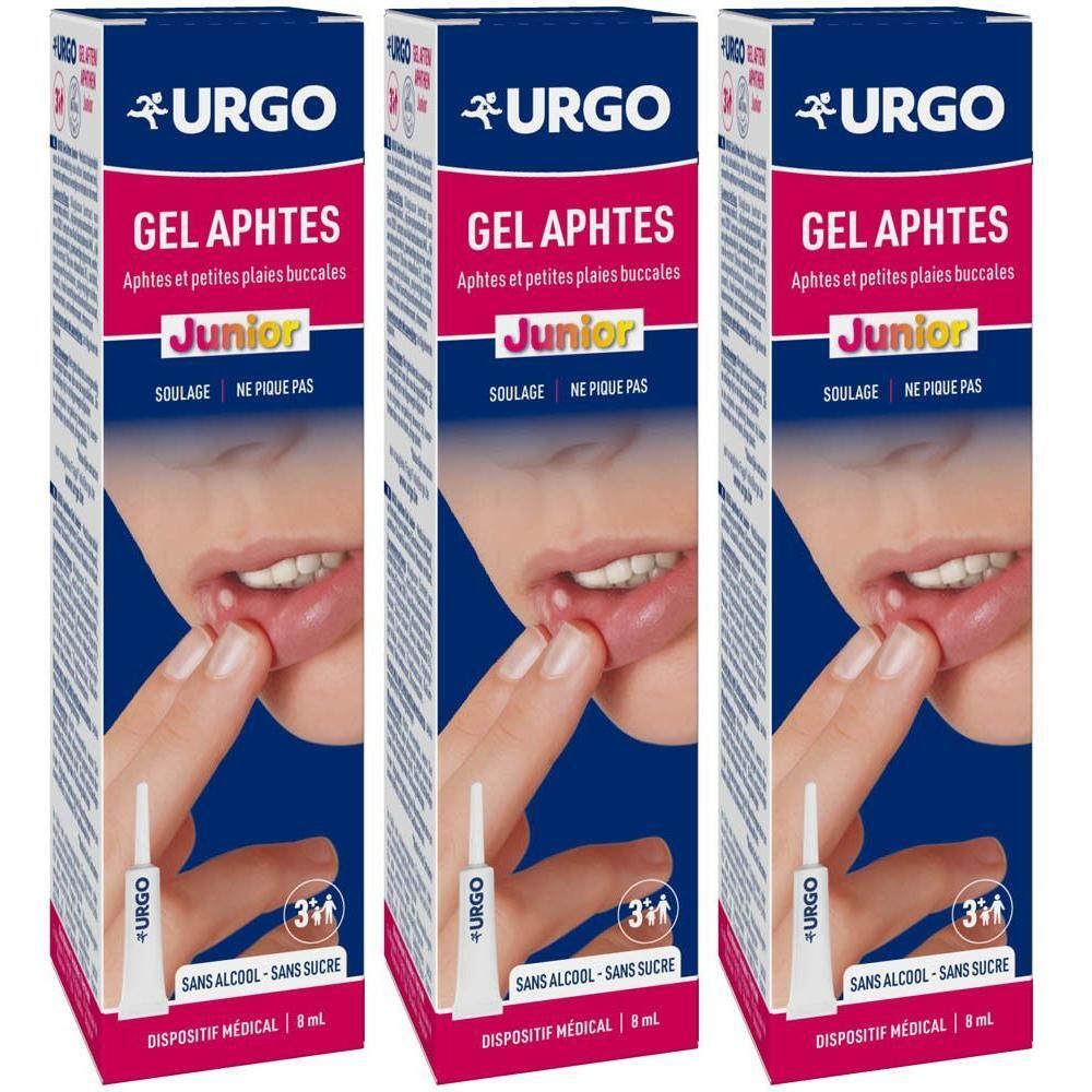 Trois boîtes de Urgo Junior Gel Aphtes, un dispositif médical pour soulager les aphtes.