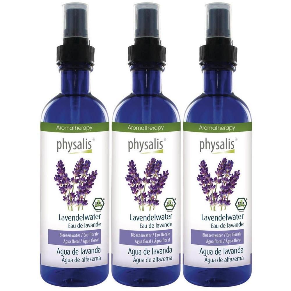 Drie blauwe sprayflessen met lavendelwater van Physalis.