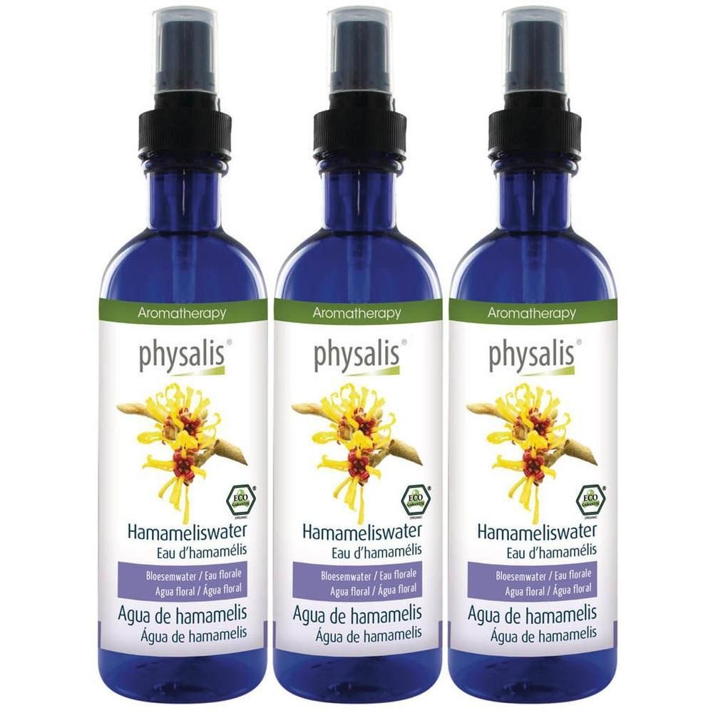 Trois flacons vaporisateurs bleus d'eau d'hamamélis Physalis, étiquettes avec motif floral et label bio.