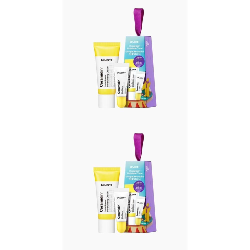 Twee Dr.Jart+ Ceramidin vochtinbrengende crèmetubes en een lippenbalsemtube in een geschenkverpakking.