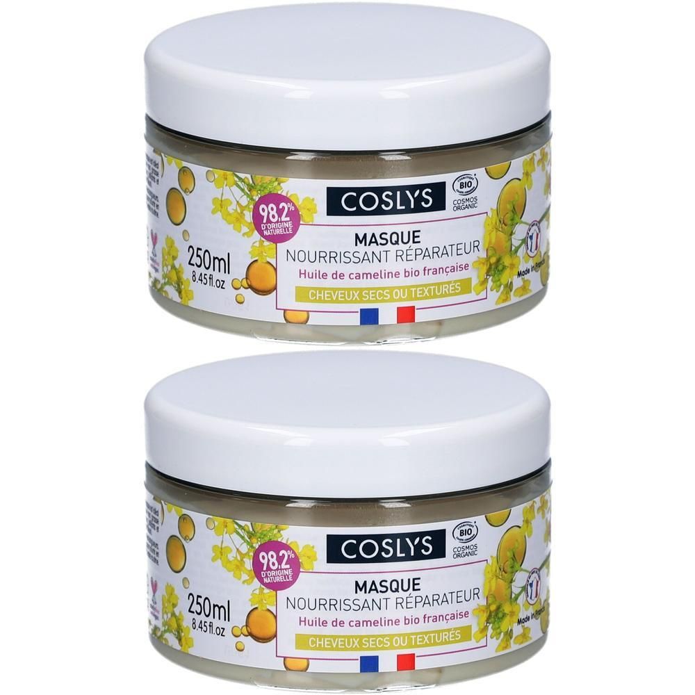 Twee potten Coslys haarmasker. 250ml. Versierd met gele bloemen.