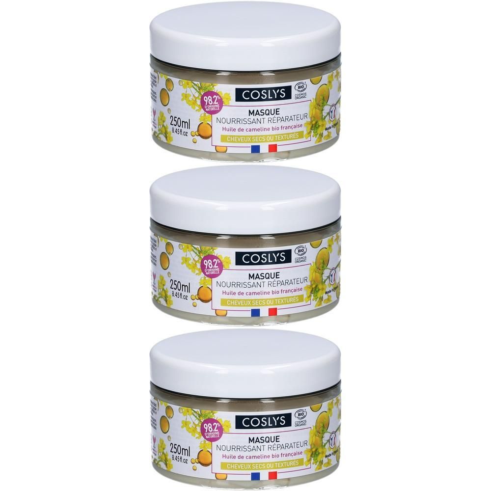 Trois pots de masque capillaire Coslys avec couvercles blancs. Chaque pot contient 250ml.