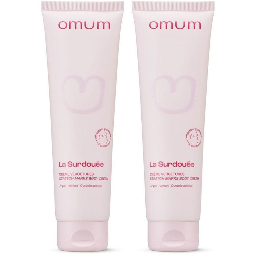 Deux tubes de crème corporelle Omum La Surdouée Vergetures.