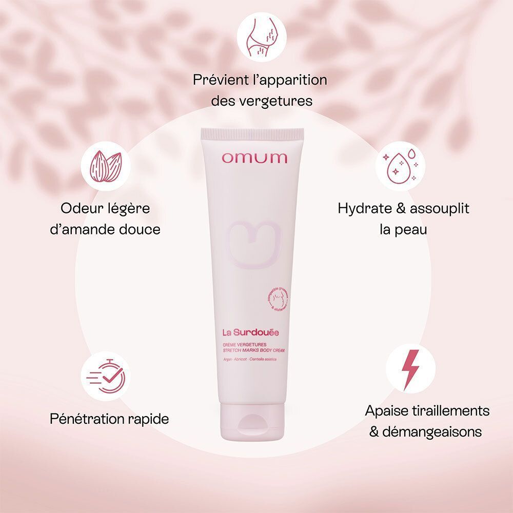 Crème Omum La Surdouée : prévient les vergetures, hydrate, pénétration rapide.