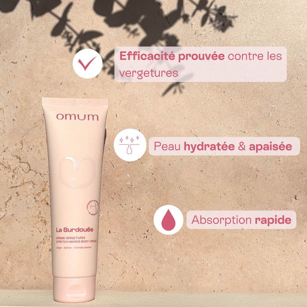 Crème Omum La Surdouée sur fond texturé, avec texte.