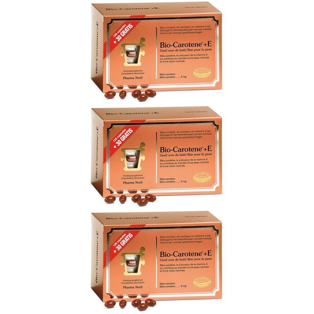 Drie verpakkingen Pharma Nord Bio-Carotene+E, 120 capsules + 30 gratis.