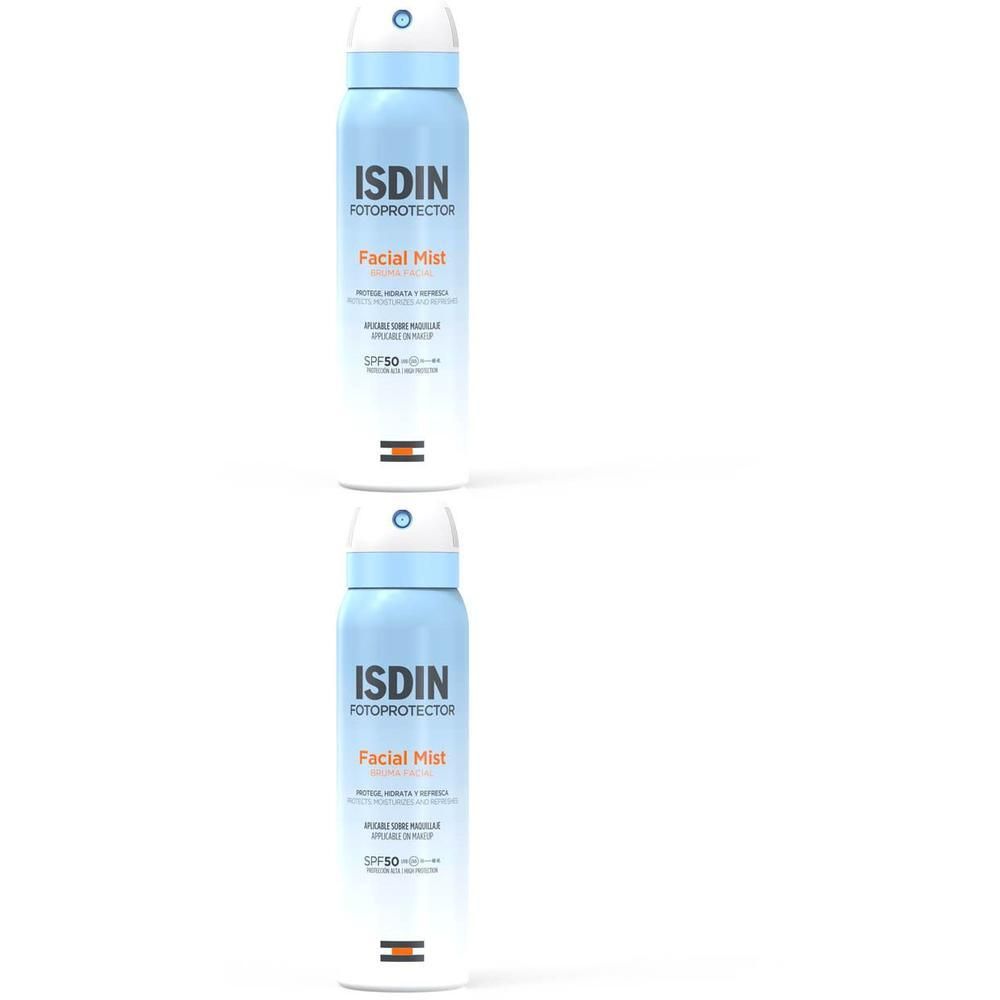 Deux flacons aérosols ISDIN Fotoprotector Facial Mist SPF50.
