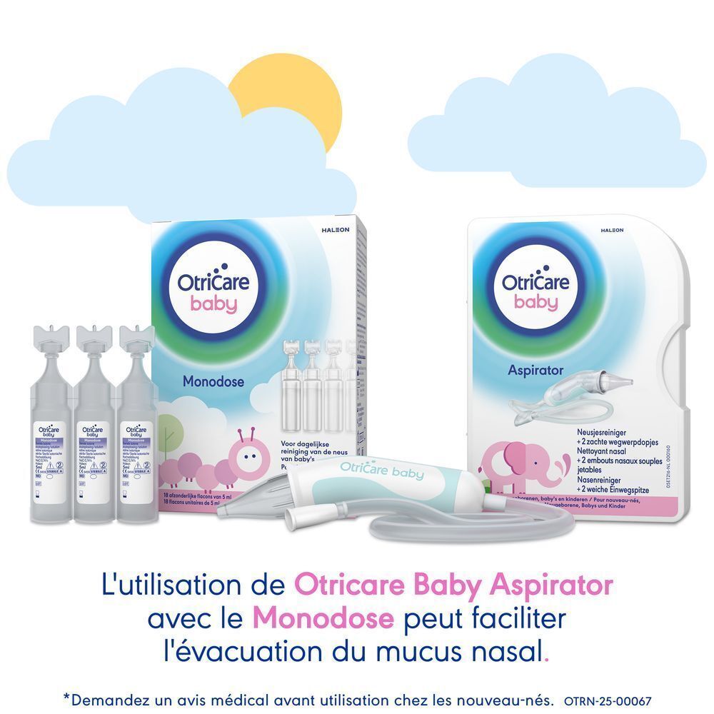 OtriCare Baby Monodose et aspirateur nasal. Facilite l'évacuation du mucus nasal.