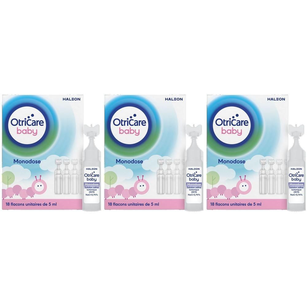 Trois boîtes OtriCare Baby Monodose, chacune contenant 18 unidoses.