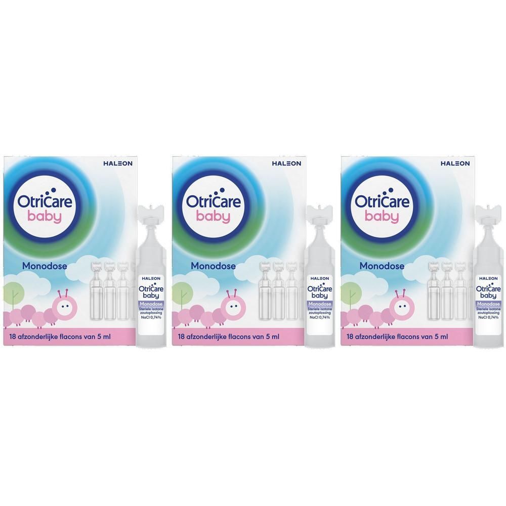 Drie pakken OtriCare Baby Monodose, elk met 18 monodosisflesjes.