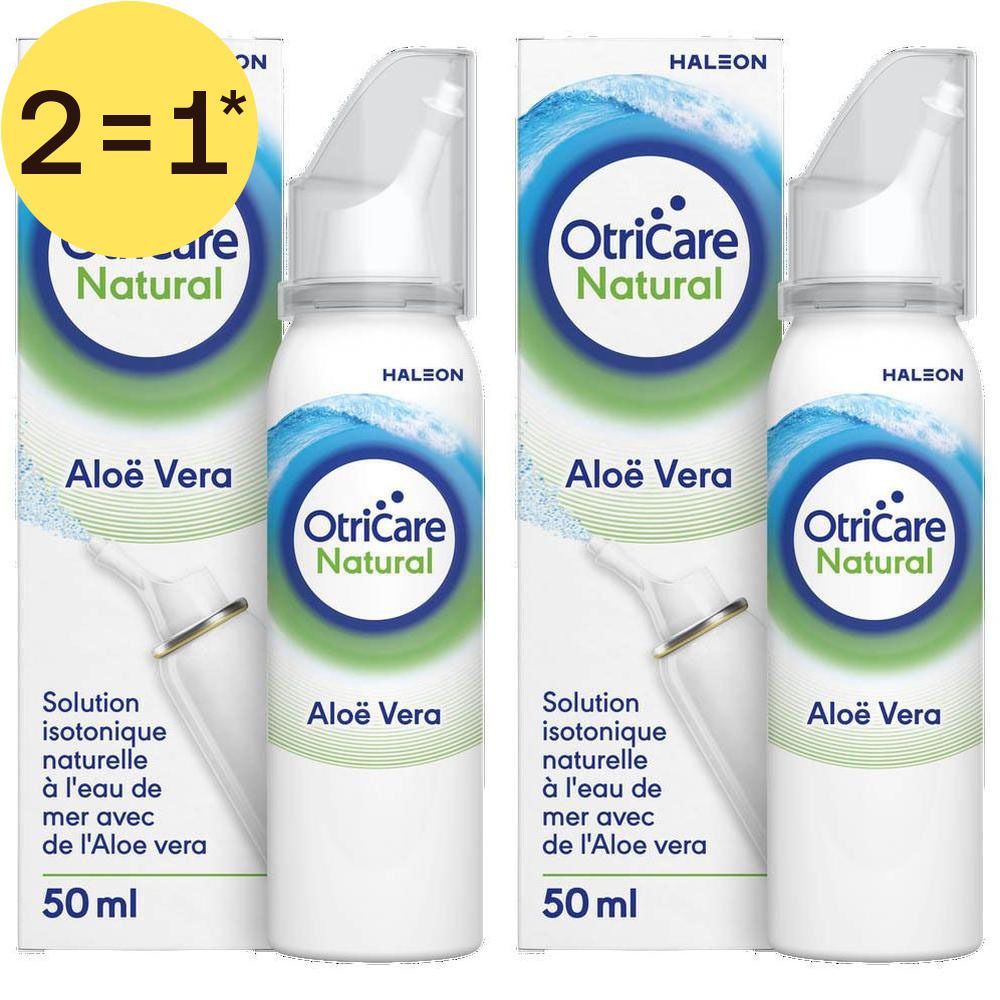 Deux flacons de spray nasal OtriCare Natural Aloe Vera, 50 ml.
