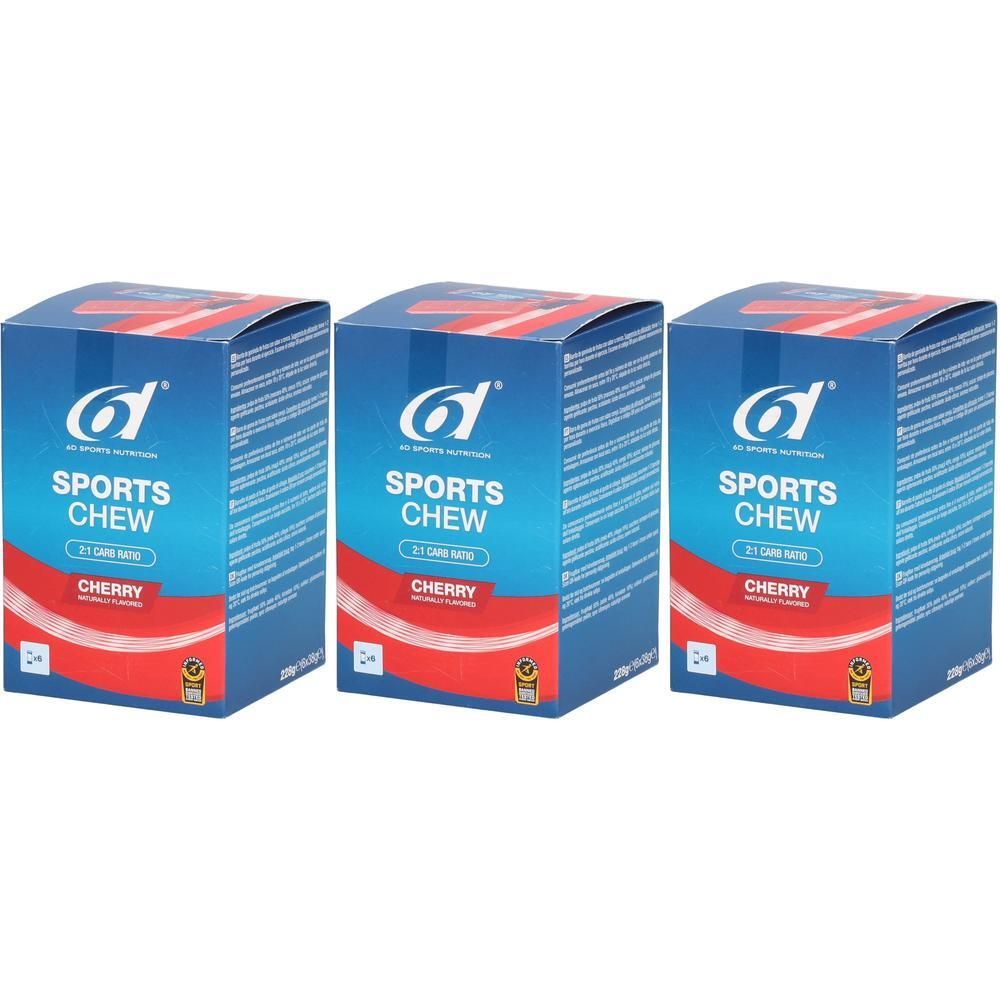 Trois boîtes de 6d Sports Chew Cerise, chacune contenant 21 barres.