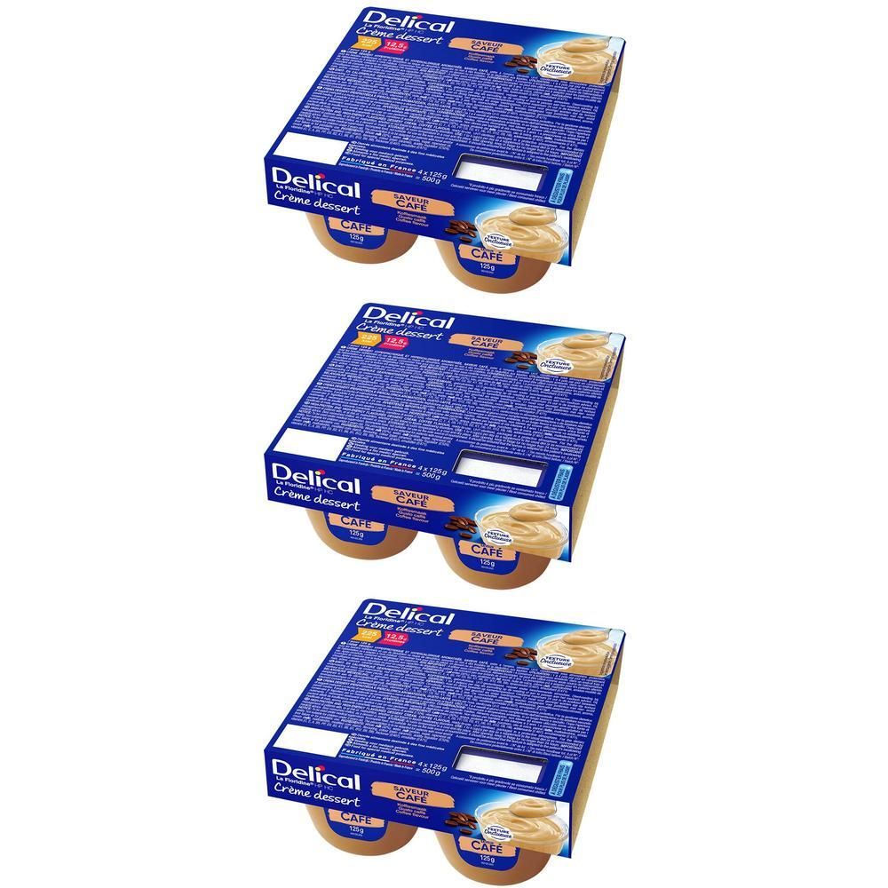 Drie pakken Delical Crème Dessert Koffie met elk vier bakjes.