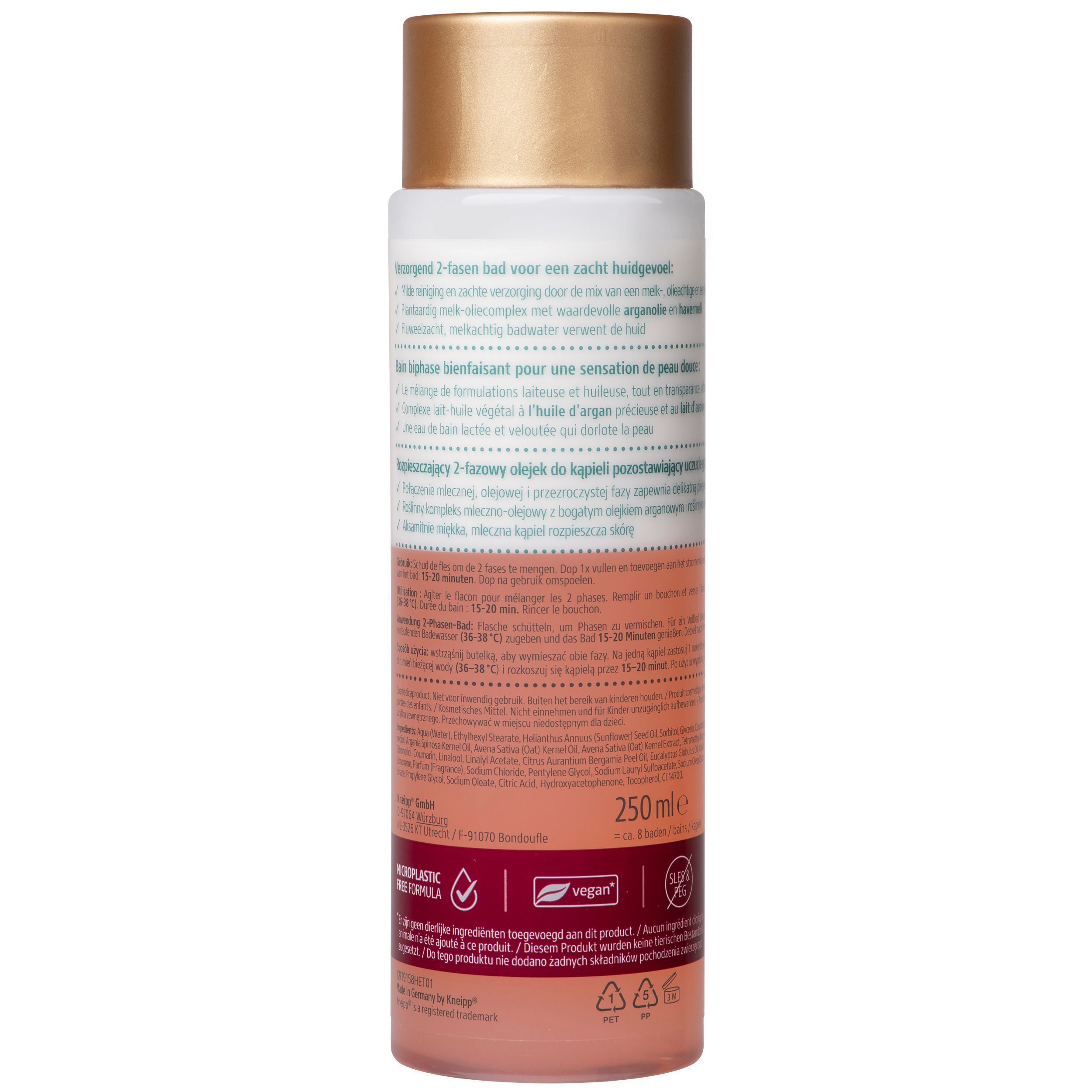 Arrière d'une bouteille d'huile de bain biphasée Kneipp Argan & Lait d'avoine avec informations produit et certifications.
