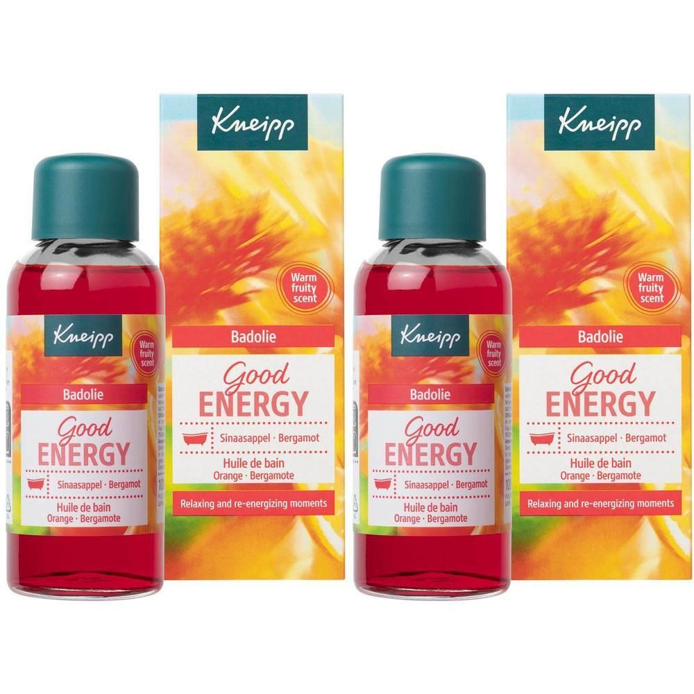 Twee flessen Kneipp Good Energy Badolie met sinaasappel-bergamotgeur. Verpakking toont oranje en gele bloemen.