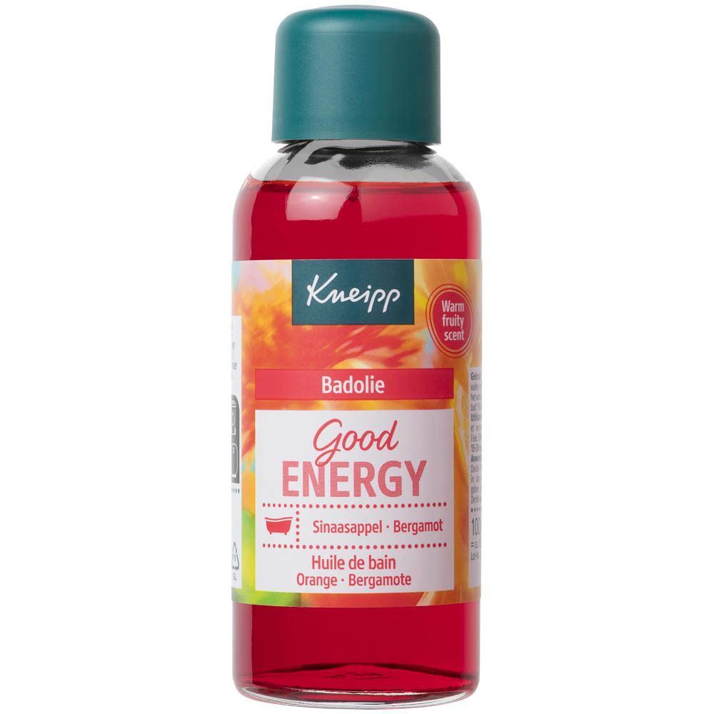 Un flacon d'huile de bain Kneipp Good Energy Orange-Bergamote. Liquide rouge, bouchon vert.
