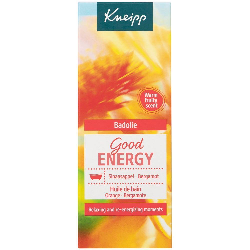 Verpakking van Kneipp Good Energy Badolie met geur Oranje-Bergamot en bloemrijk design.