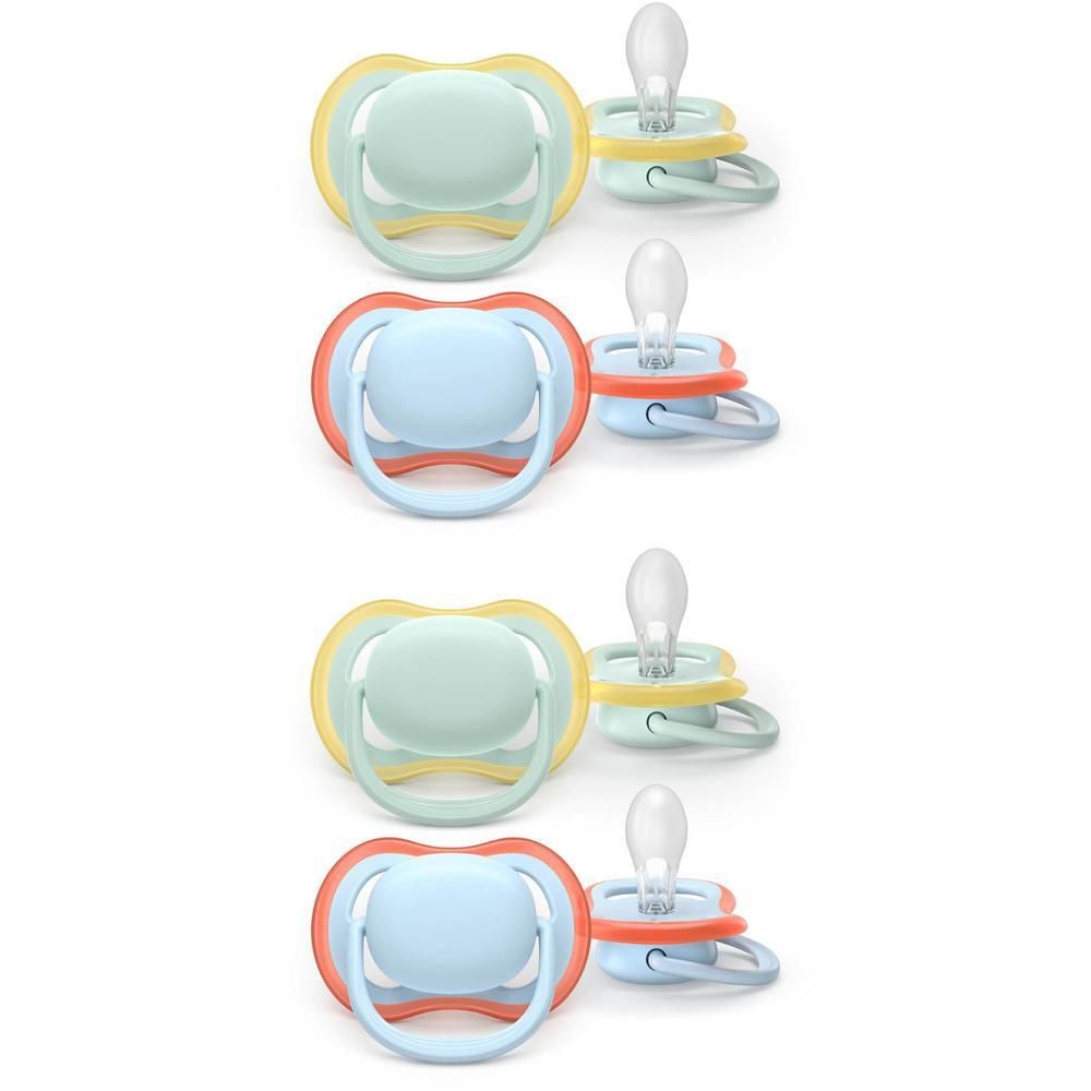 Vier Philips Avent Ultra Air fopspeentjes in pistache en blauw.