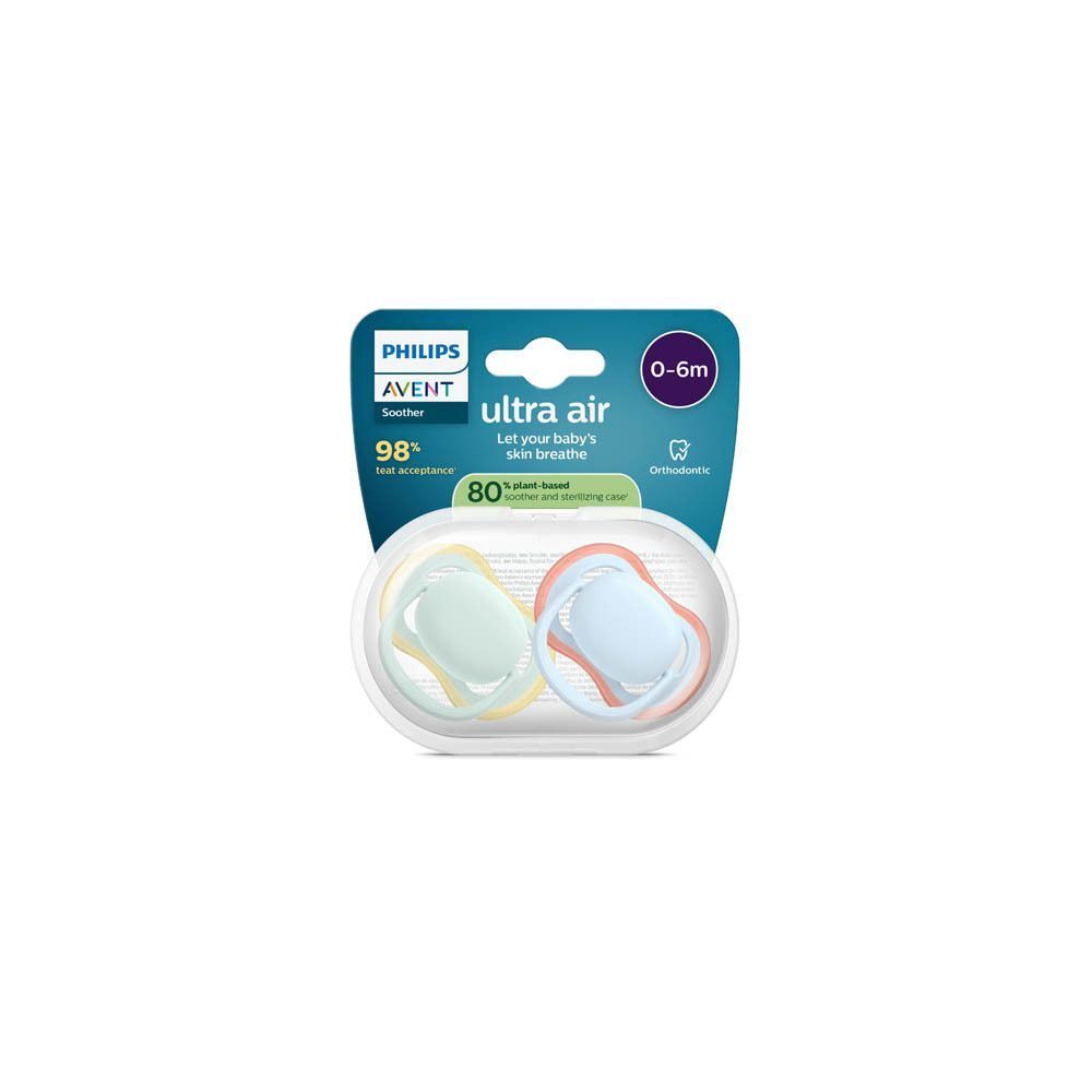 Emballage de deux sucettes Philips Avent Ultra Air, 0-6m, pistache et bleu.
