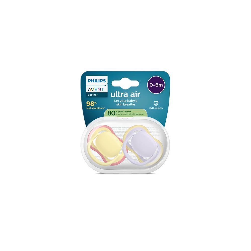 Emballage de deux sucettes Philips Avent Ultra Air, pistache et lilas.
