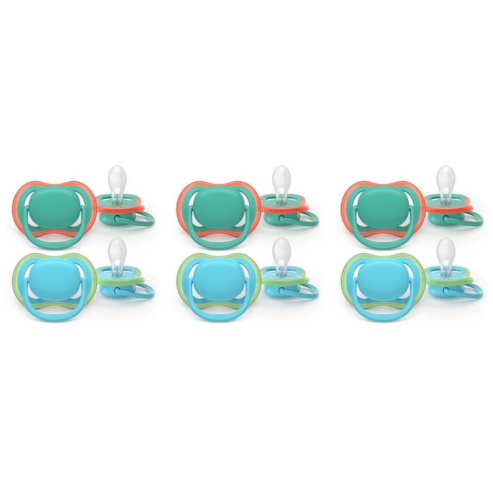 Trois paires de sucettes bleues et turquoise avec bordure orange.