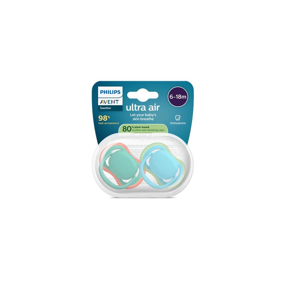 Emballage de deux sucettes Philips Avent, bleue et rose, pour 6-18 mois.