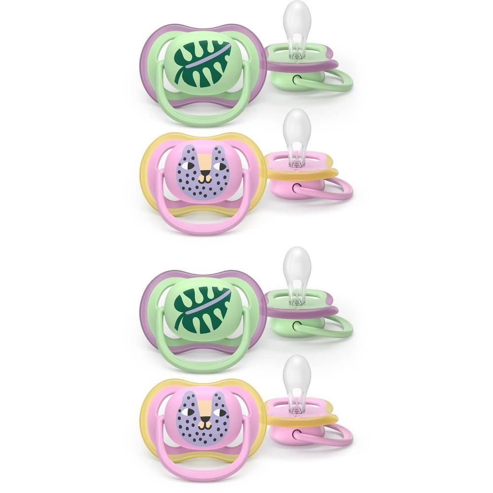 Deux sucettes Philips Avent avec motifs feuille et chat.