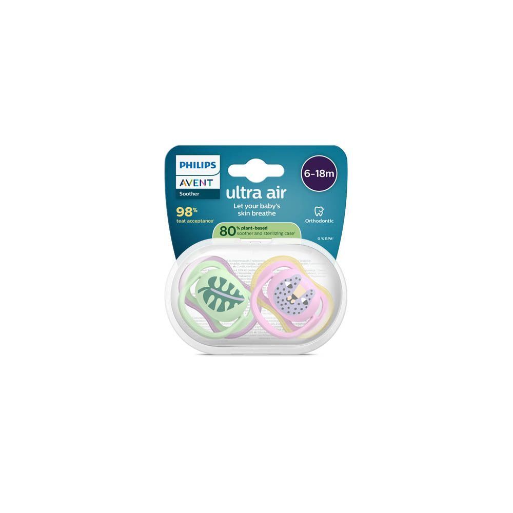 Emballage de sucettes Philips Avent Ultra Air 6-18 mois, motifs feuille et chat.