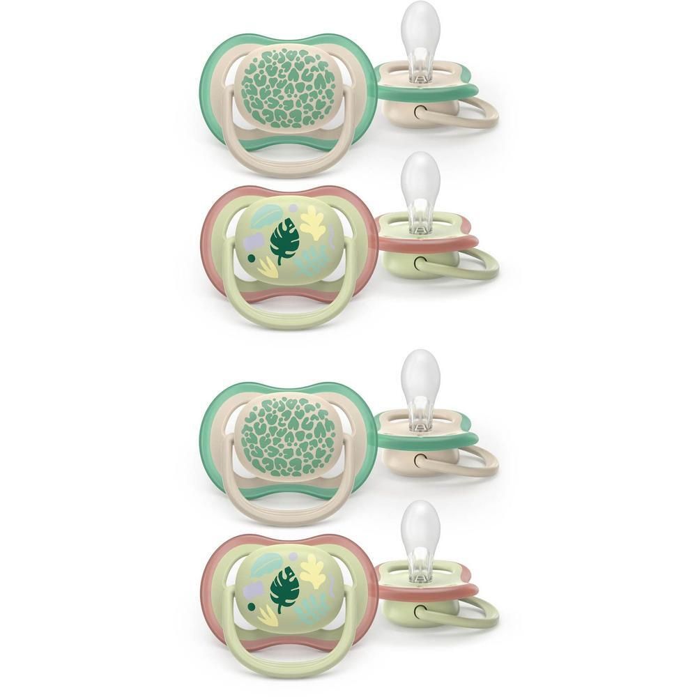Quatre sucettes avec motif feuillage dans des tons verts et roses. Deux sucettes sont présentées côte à côte.
