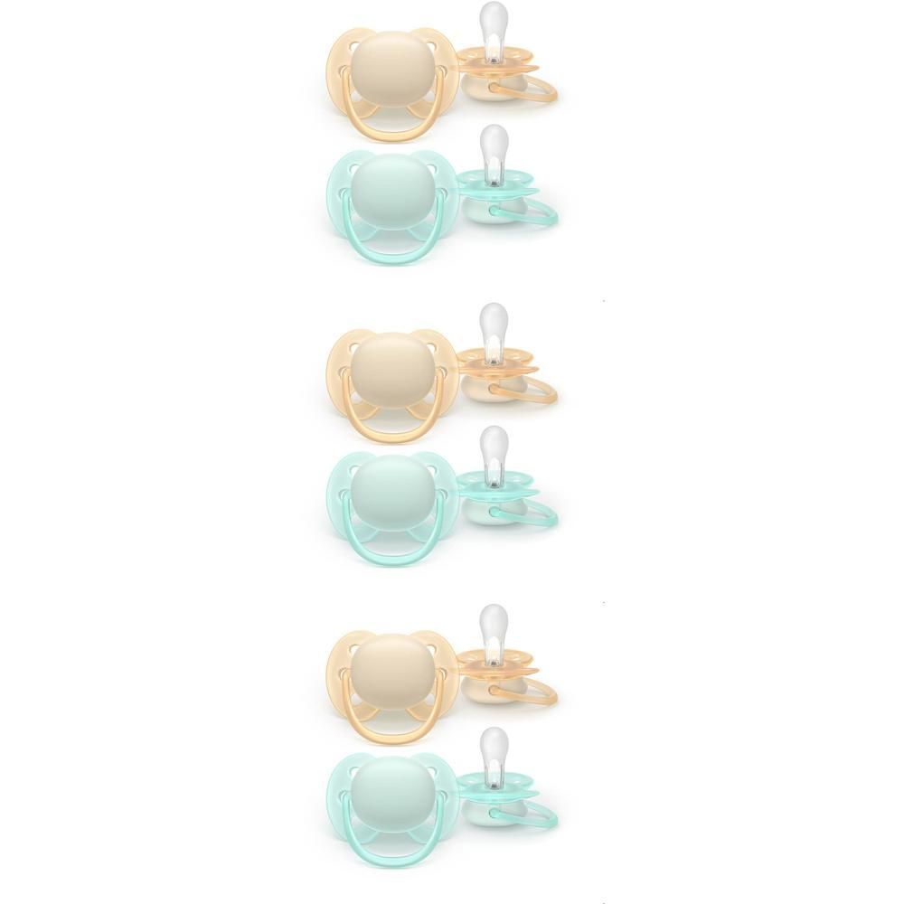 Six sucettes beige et vert menthe, chacune par paire avec un capuchon de protection.