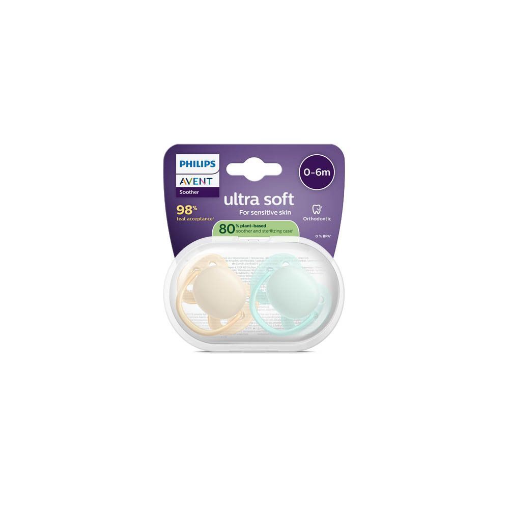 Emballage de deux sucettes Philips Avent Ultra Soft, 0-6m, beige et vert menthe.