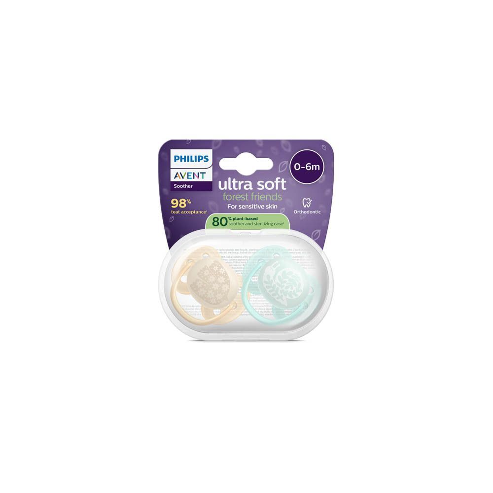 Verpakking met twee Philips Avent Ultra Soft fopspenen, 0-6 maanden.