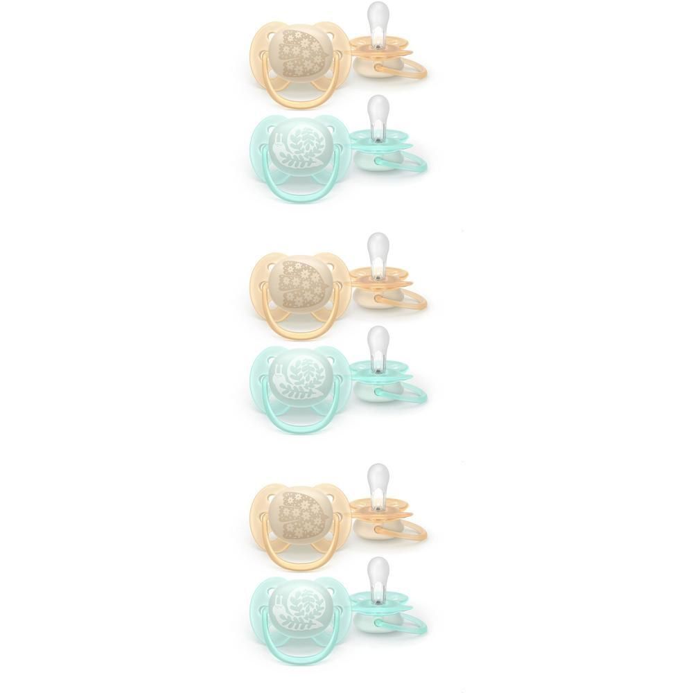 Deux sucettes Philips Avent, une beige et une vert menthe.