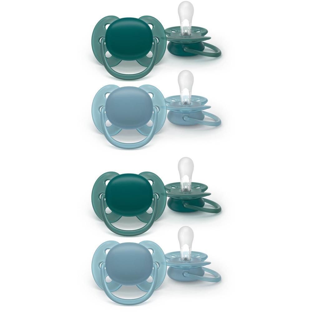 Quatre sucettes Philips Avent Ultra Air bleues et vert foncé.