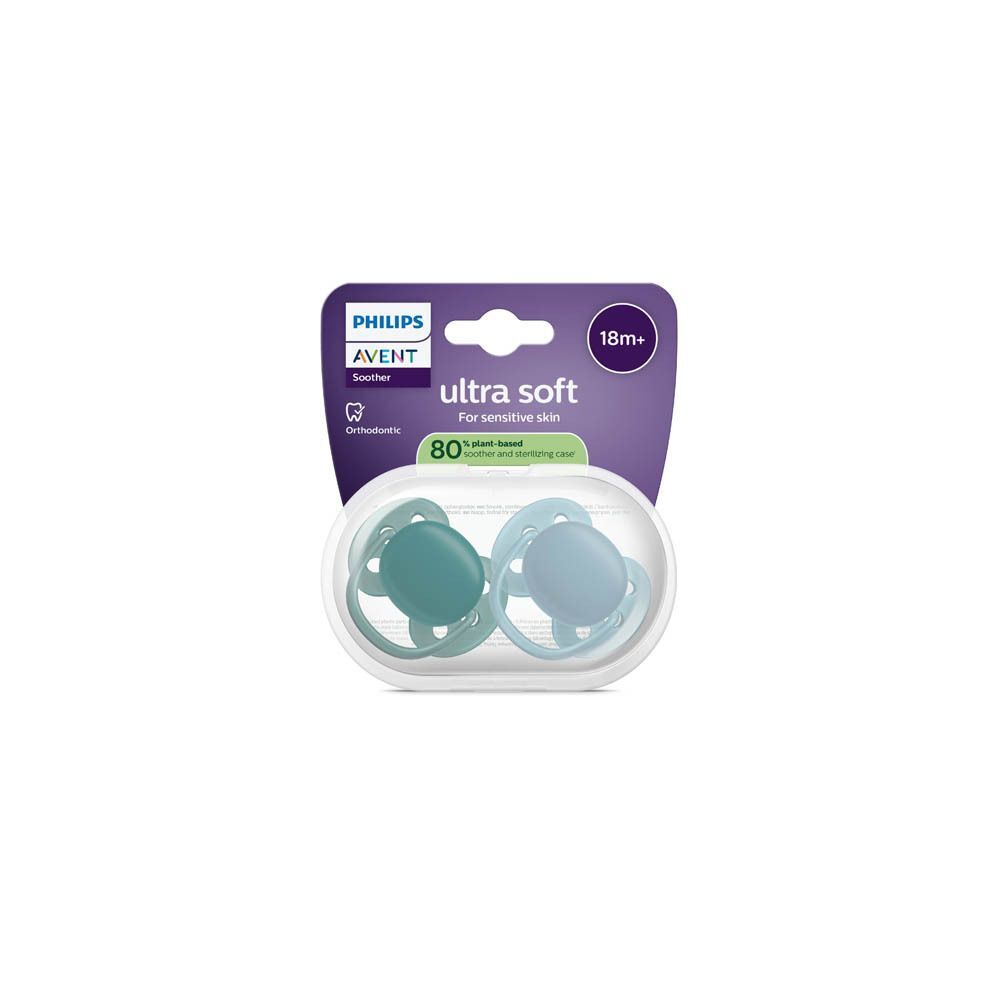 Philips Avent Ultra Air fopspeen verpakking met twee fopspenen, blauw en groen.