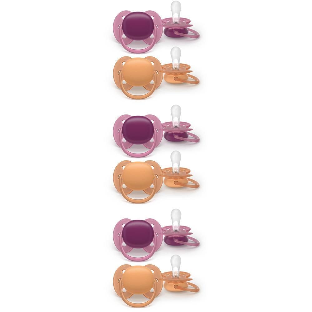 Drie paar fuchsia en perzik kleurige fopspeentjes, twee per paar.