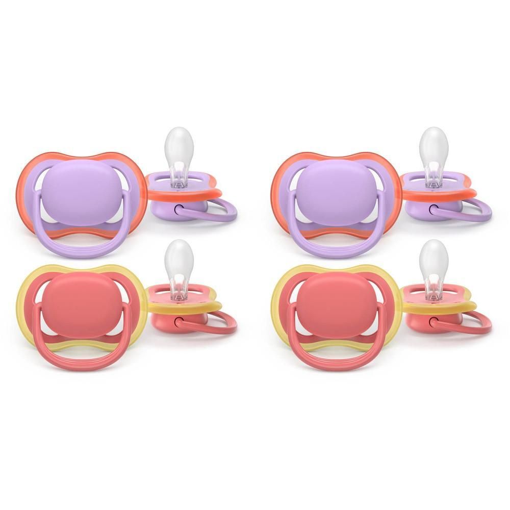 Deux sucettes Philips Avent Ultra Air lilas/fuchsia et rose/jaune.