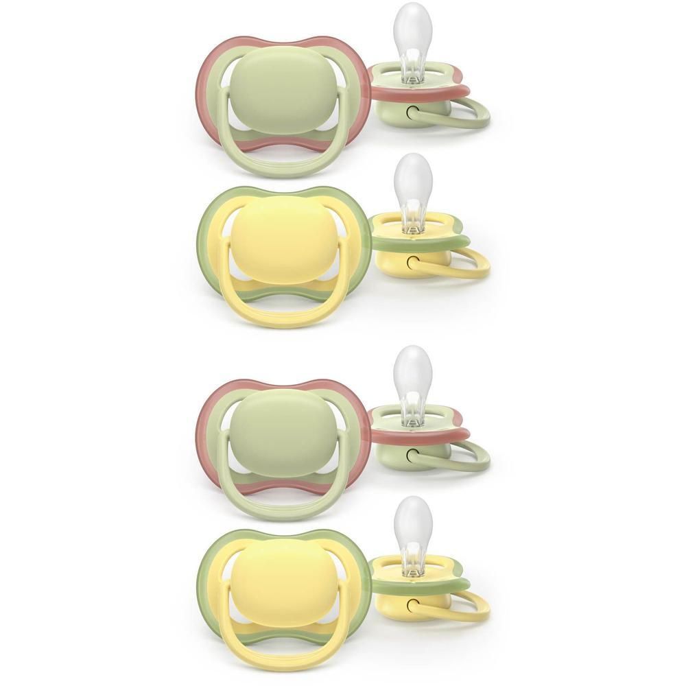 Twee Philips Avent Ultra Air fopspenen, mintgroen/ivoor en geel/ivoor.