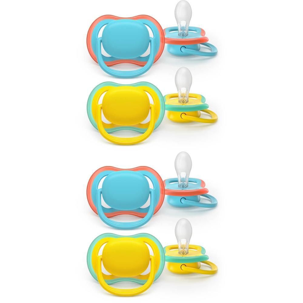 Vier fopspenen: twee geel/turquoise, twee roze/turquoise.