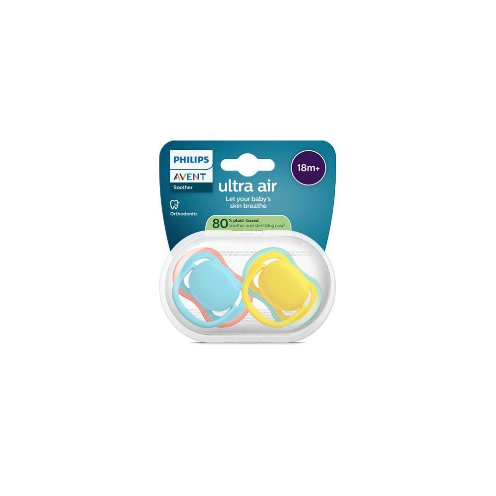Emballage de deux sucettes Philips Avent Ultra Air, jaune et bleu/rose.