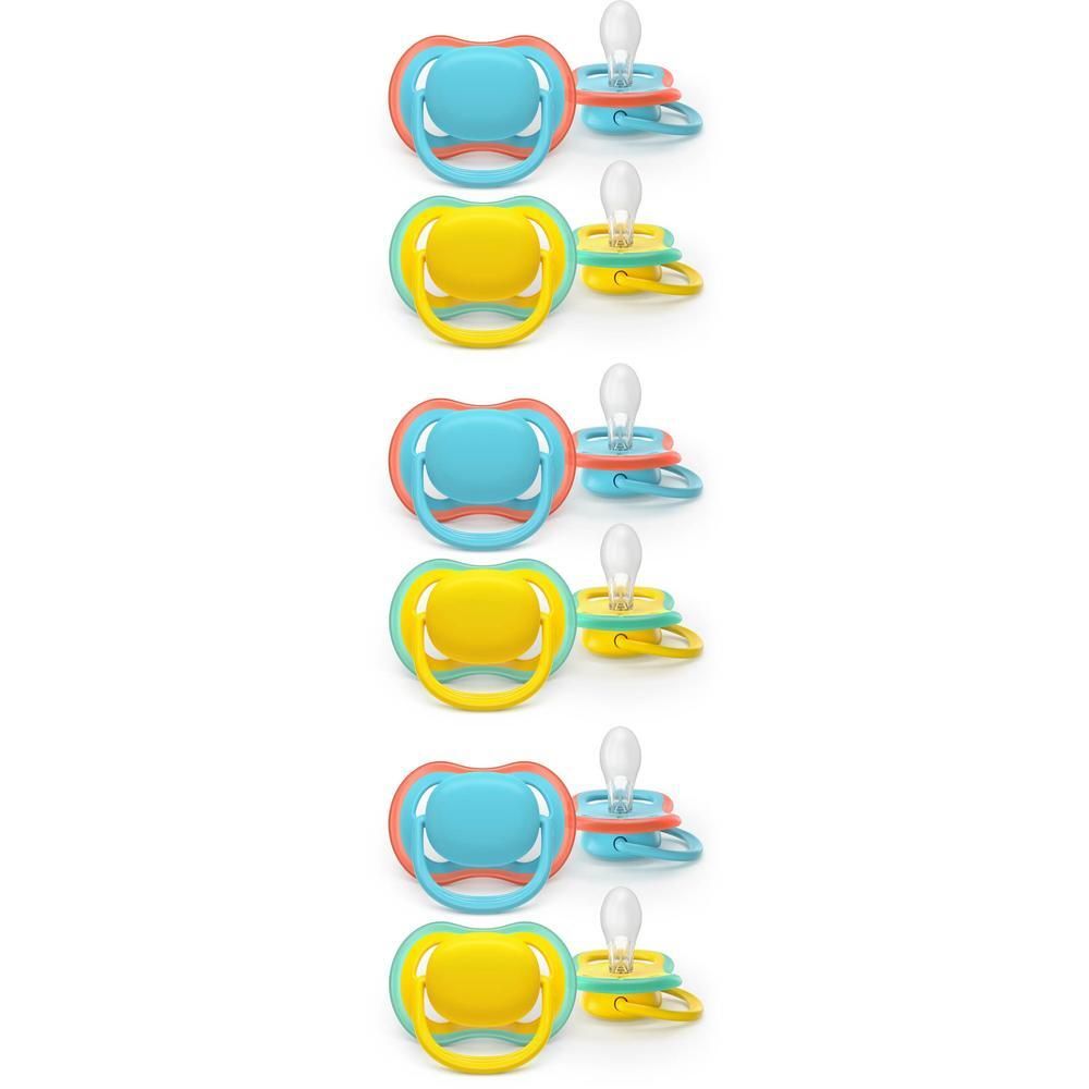 Cinq sucettes Philips Avent Ultra Air, jaunes/turquoise et bleues/roses.