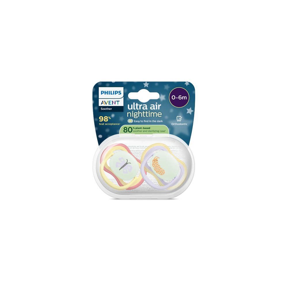 Verpakking met twee Philips Avent Ultra Air Nighttime fopspenen.
