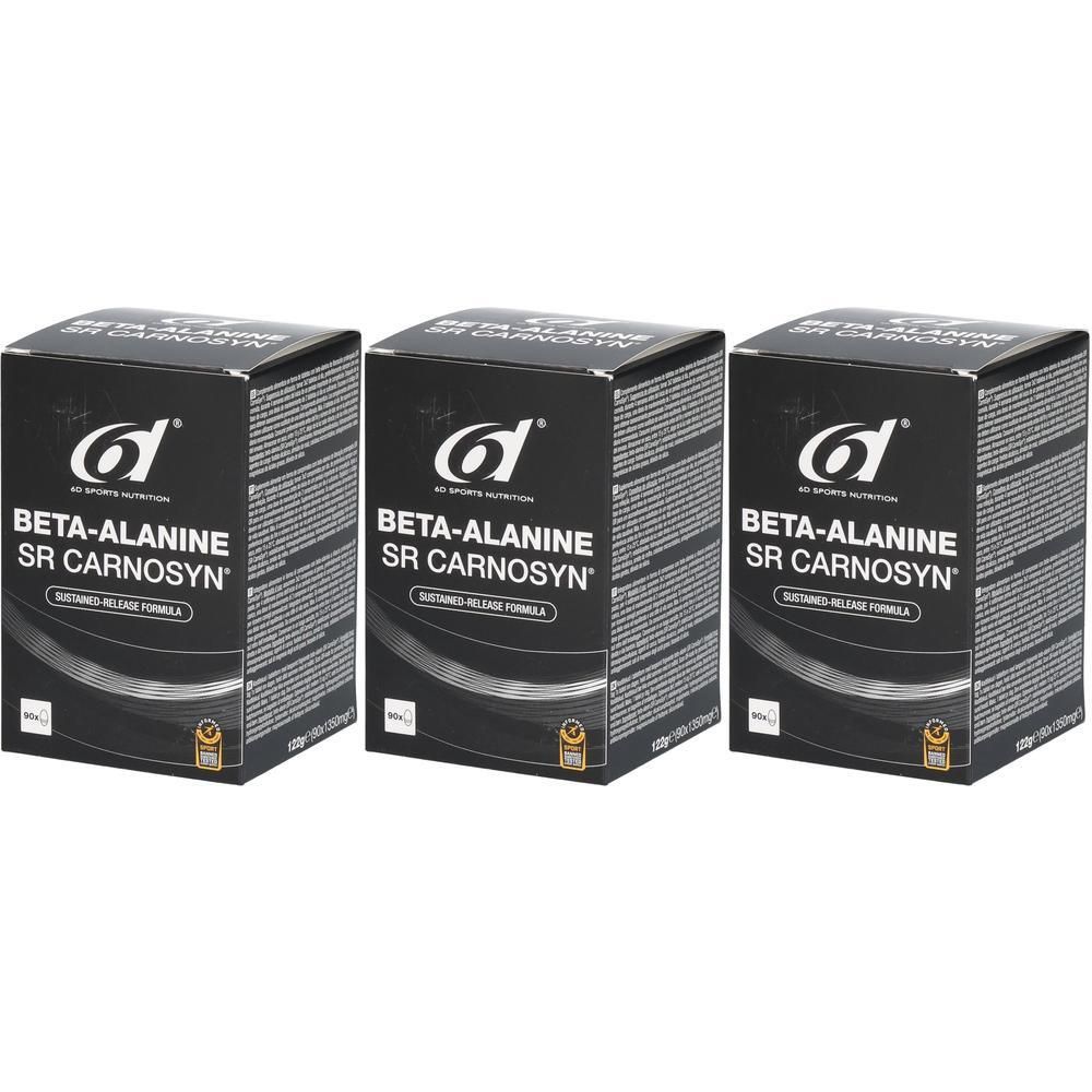 Trois boîtes de 6d Sports Beta-Alanine SR CarnoSyn, design noir avec écriture blanche.